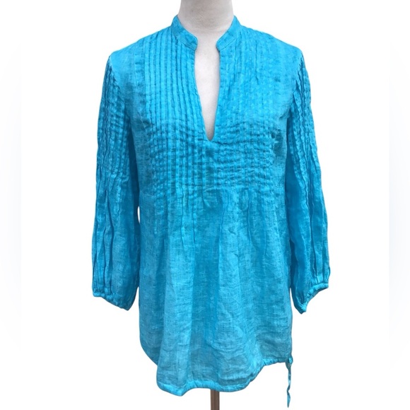 120% Lino Turquoise Blue Poet Blouse Size 42 - Picture 3 of 8